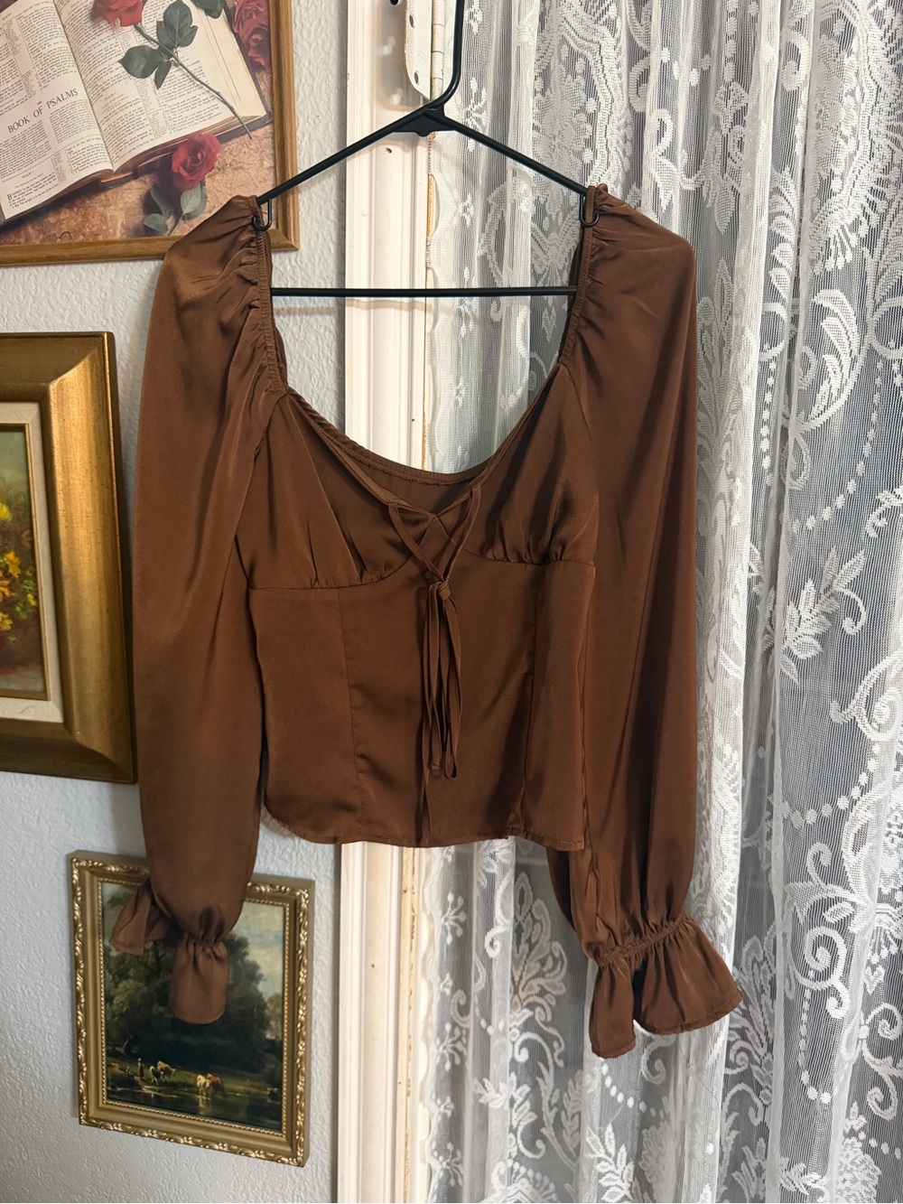 SHEIN Brown Tie-Front Long Sleeve Blouse